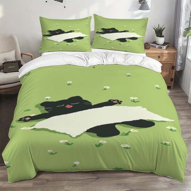 Black Kitten And Meadow Sleeping Bedding Set with a Cozy Illustration Theme. Includes a Duvet Cover And Two Pillowcases