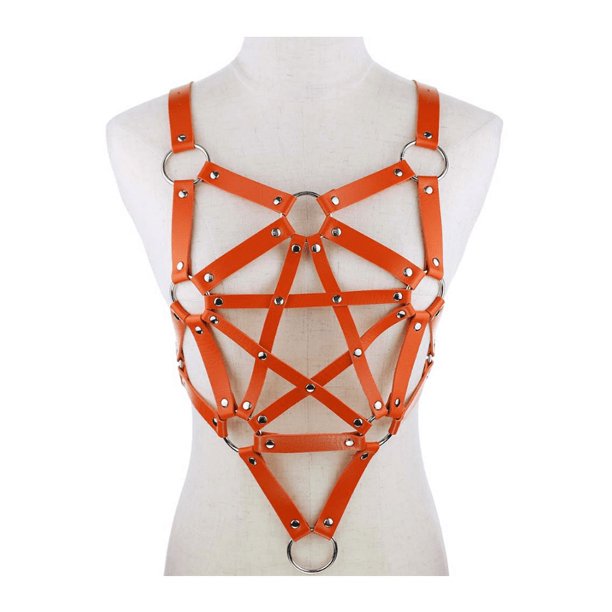 PU Leather Body Harness Fetish Punk Goth Metal Rivet Belt Strap Pentagram Bra