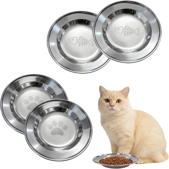Set de 4 platos poco profundos de acero inoxidable para gatos, 16 cm, blanco
