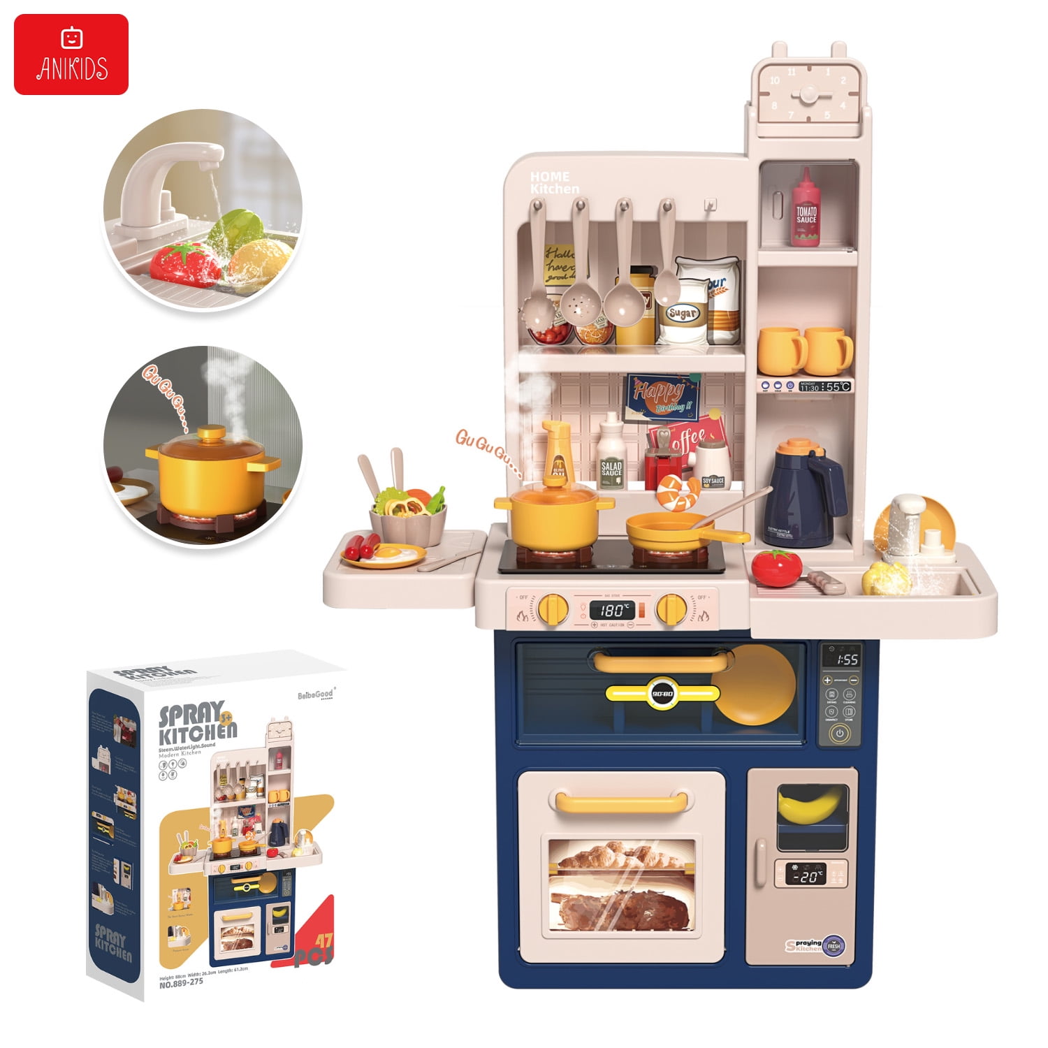Anikids - Cocina De Juguete Grande 88cm Niños Spray Kitchen 47pcs Azul