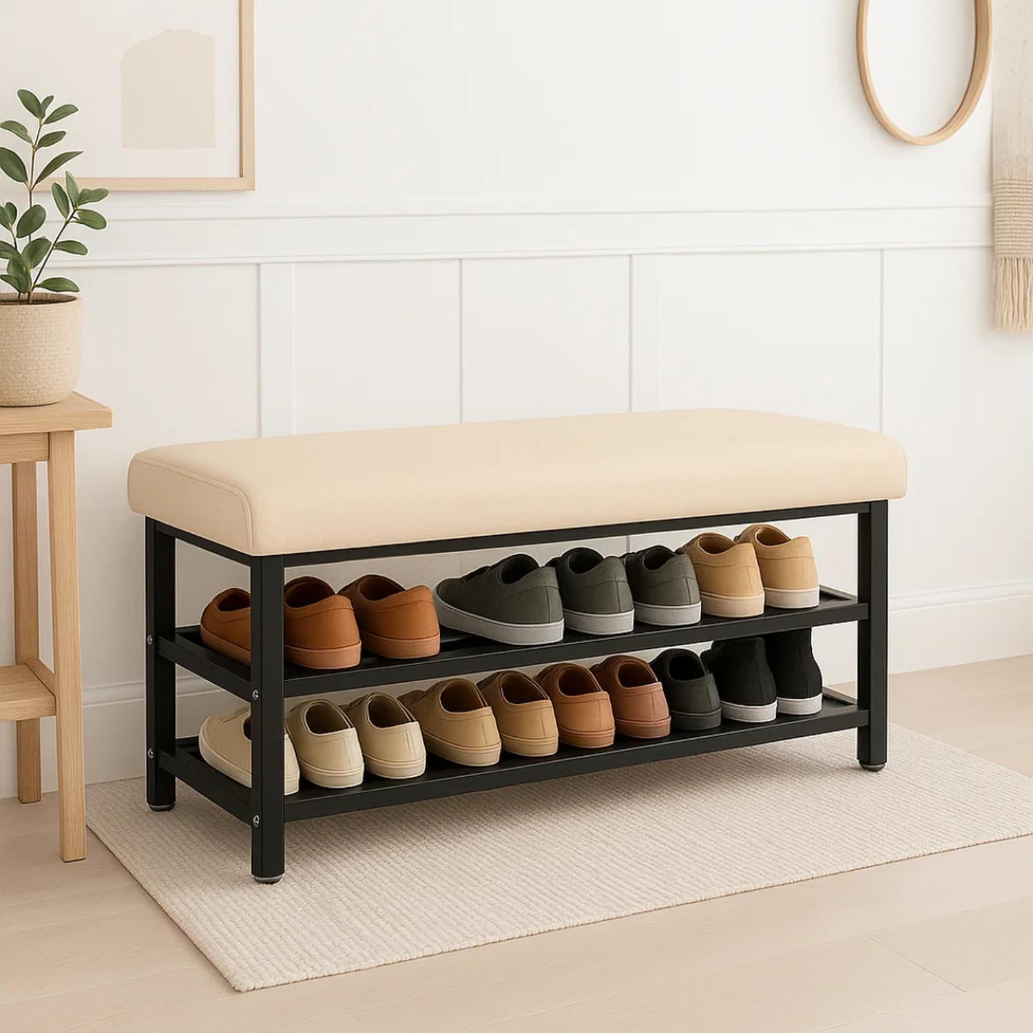 Pandalino - Banqueta Zapatero Carey | Asiento Acolchado | Mueble Multifuncional Beige