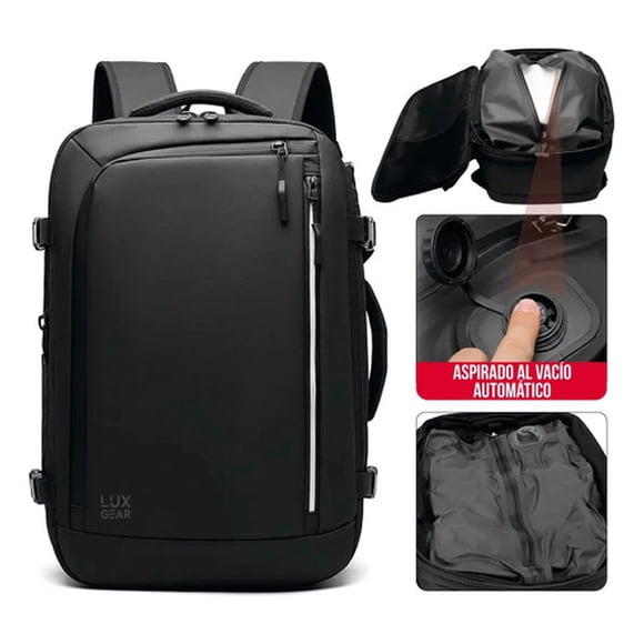Mochila Maleta Viaje Cabina Luxgear Con Bomba Al Vacio Notebook Tela Impermeable 900d 40 Litros Negro Liso