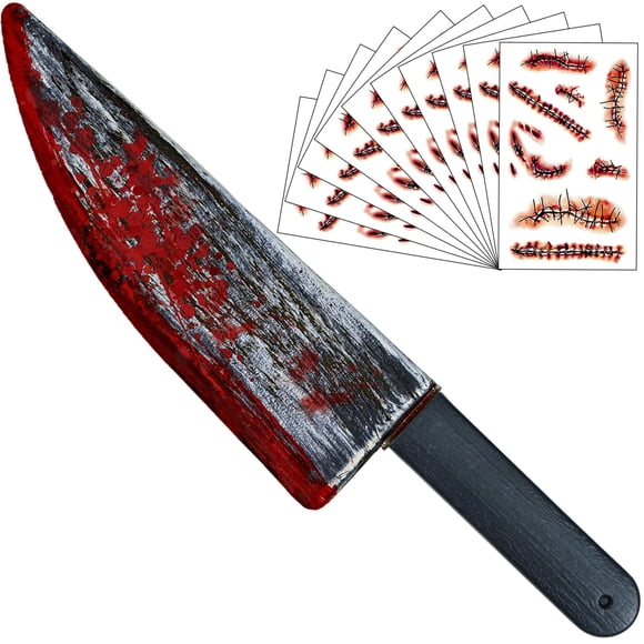 Accesorio de Halloween LENOAPHYS Cuchillo Sangriento de 40 cm y 10 Tatuajes de Cicatrices