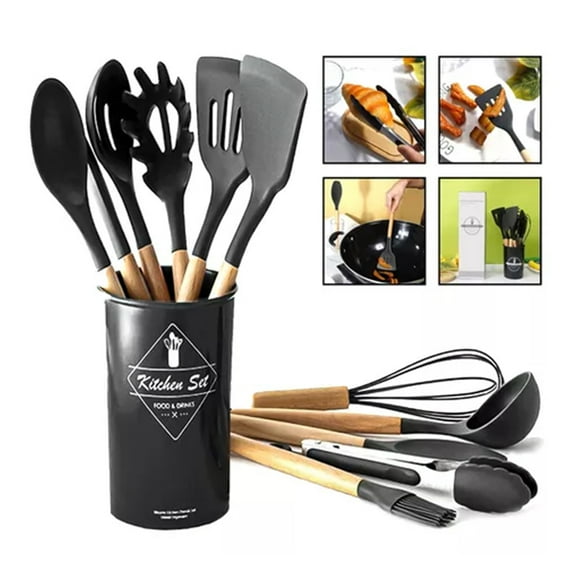 Set 12 Utensilios Cocina Antiadherente Silicona Mango Madera