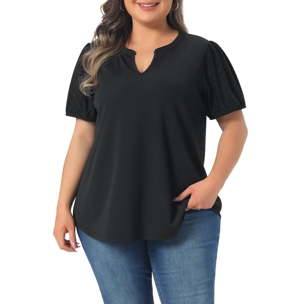 Agnes Orinda Blusas de Pascua para Mujer Tallas Grandes Cuello en V Bordado de Ojales Manga Abullonada Texturizada Moda Verano 2026 Blusa Casual Túnica 2X Negro