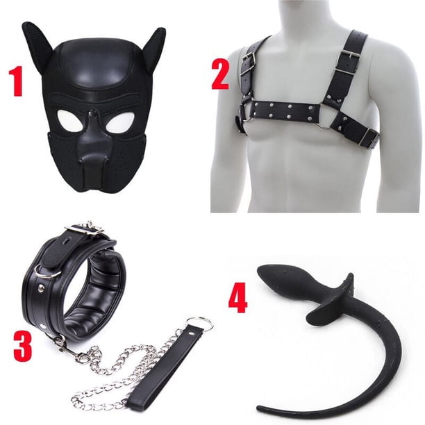 Strap Dog Tail Plug Bdsm Pet Roleplay Set Puppy Play Dog Hood Mask Party Mask Male Chest Harness Pup Neck Collar Sex Toys Kits