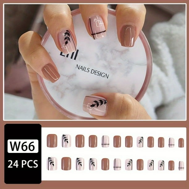 24 pcs Short Square Leaf Line Press On Nails - Full Cover Acrylic False Nails for Women & Girls - Easy to Apply Manicure Glue On Tips