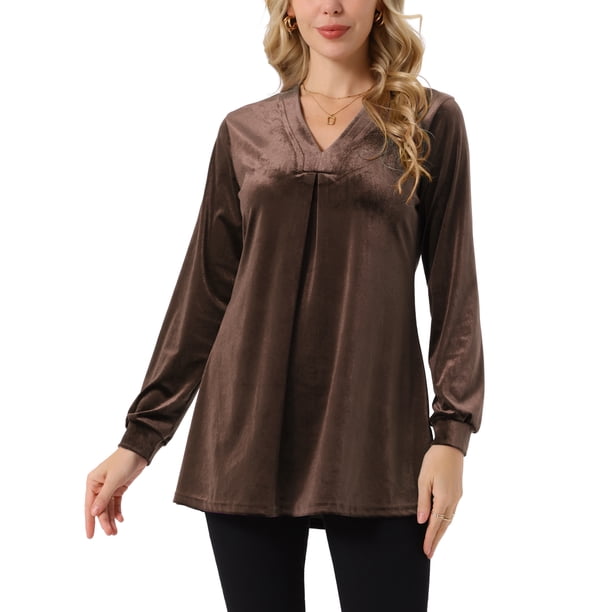 Elegante Top de Terciopelo para Mujer con Cuello en V y Mangas Largas para Ocasiones Casuales y Formales S Café