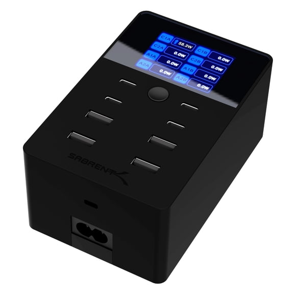 Cargador SABRENT de 252 W, 8 puertos, USB PD 3.0, pantalla LCD, viaje
