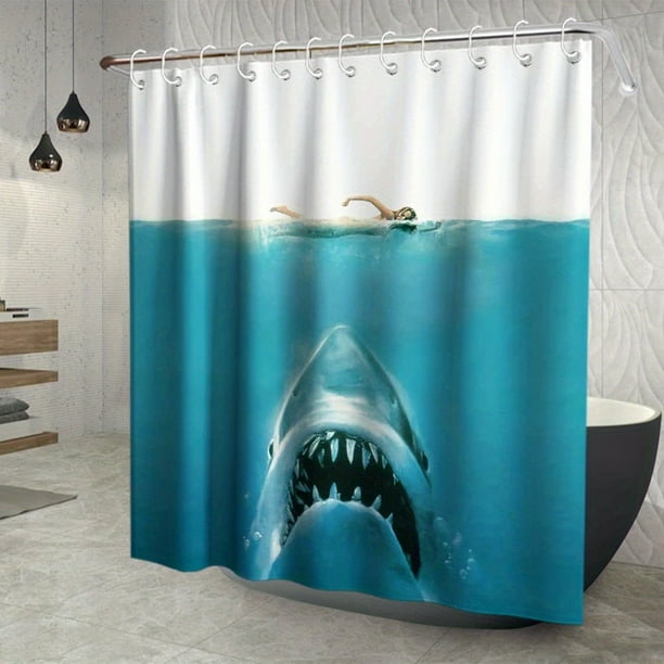 1pc Waterproof Shark Pattern Shower Curtain with 12 Hooks - Stylish and Durable Bathroom Decor