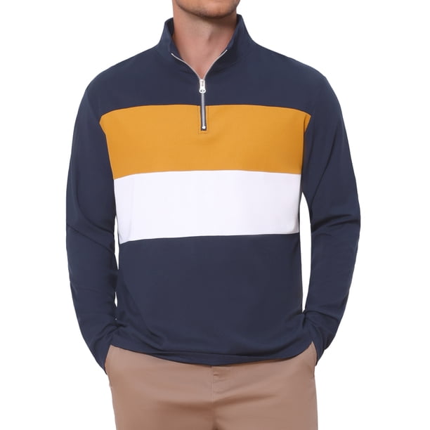 Camiseta Polo de Manga Larga con Bloque de Color y Cremallera Cuarto para Hombre L Azul Marino