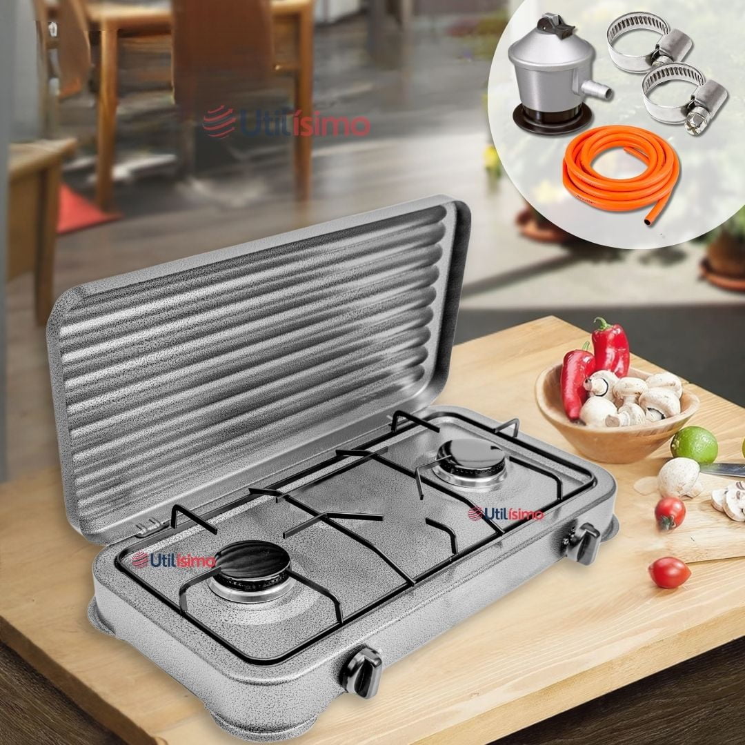 Line - Cocina Encimera A Gas Licuado 2 Platos+kit De Instalación Cocinilla Gris