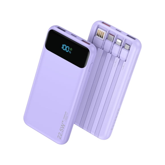 Power bank portátil de 10000 mAh, 22.5 W, con 4 cables, morado