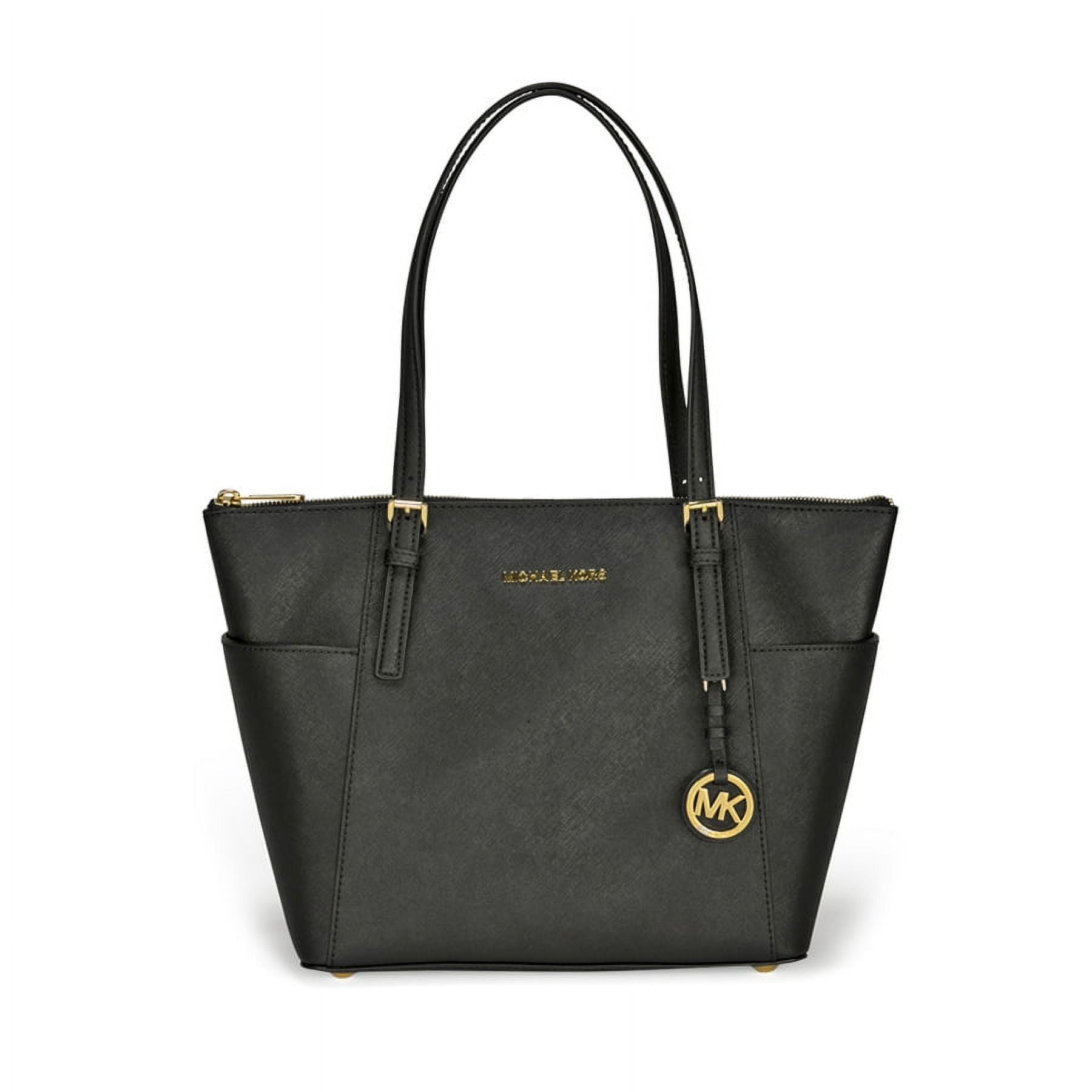 Cartera Michael Kors Jet Set Bolso Tote De Cuero Saffiano Con Cremallera Superior En Negro - Mediano