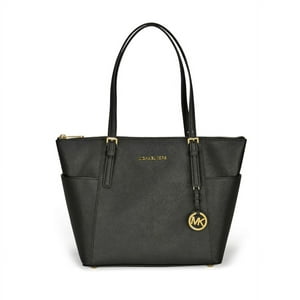 Cartera Michael Kors Jet Set Bolso Tote De Cuero Saffiano Con Cremallera Superior En Negro - Mediano