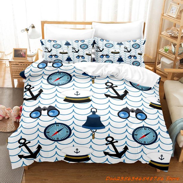 v789 Bed Sheets New Blue Anchor Bedding Set Cartoon Anime three-piece set Adult Kid Bedroom Duvetcover Sets Kawaii bettwäsche set 3-Piece Bedding Set (1 Duvet Cover + 2 Pillow Shams) Bed Sheets ju789