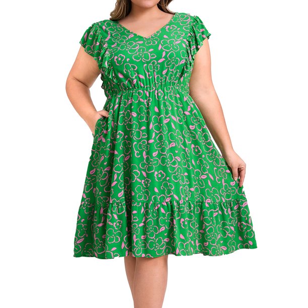 Vestido de Línea A con Cuello en V, Mangas con Volantes, Cintura Elástica y Bolsillos para Mujer de Talla Grande GRACE & GRANDEUR 2X Verde