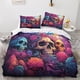 thumbnail image 2 of Funda nórdica con estampado 3D de calavera y flores, juego de ropa de cama con fundas de almohada y cierre de cremallera, hipoalergénico, de microfibra suave, con estampado de esqueleto malv, 2 of 3