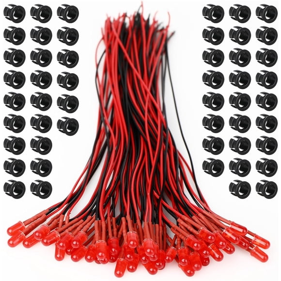 Kit 50 Leds 5mm 12V Rojo Pre Cableados OWOFYDR Con Soporte