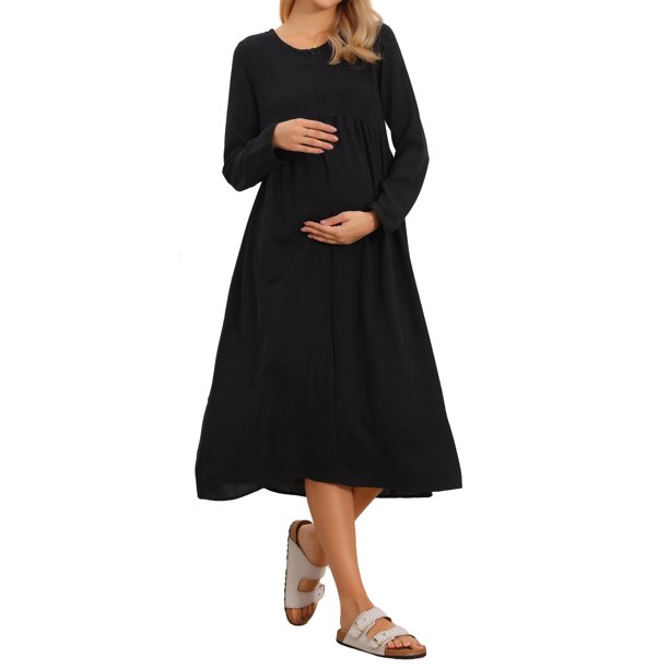 INSPIRE CHIC Vestido de lactancia para mujeres embarazadas con cremallera frontal, mangas largas, cuello redondo, plisado, midi, embarazo, talla S, negro