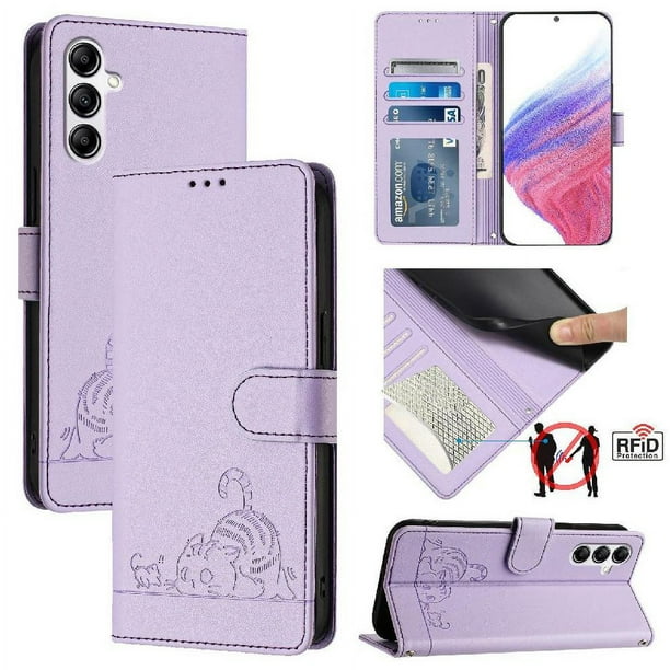 Funda tipo cartera FOXDOCK para Samsung Galaxy A14 5G/4G con soporte, ranuras, RFID, diseño de gato