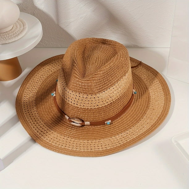 Boho Western Cowboy Straw Hat - Hand Woven Faux Jade Chain Decor Hat for Women, Men, and Unisex - Perfect for Summer Beach and Casual Wear