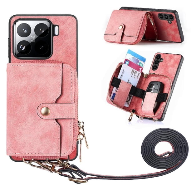 Funda Tipo Cartera con Correa Cruzada para Xiaomi 15 Protección Contra Golpes Rosa