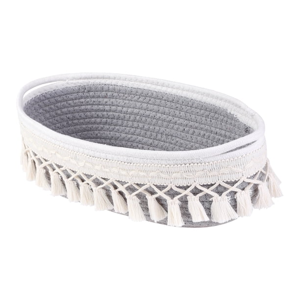 REGALWOVEN 1 Paquete de Cesta de Almacenamiento Tejida, Estante de Armario Cesta de Almacenamiento Ovalada con Borlas para Bandeja de Llaves para Entrada Escritorio Gris Claro 13*5.9*3.9in