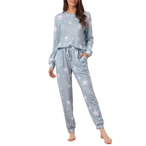 INSPIRE CHIC Conjunto de Pijama de Punto con Estampado de Estrellas para Mujer Regreso a Clases Suave Manga Larga Cuello Redondo Top y Pantalones Jogger Ropa de Dormir con Bolsillos XS Gris Claro