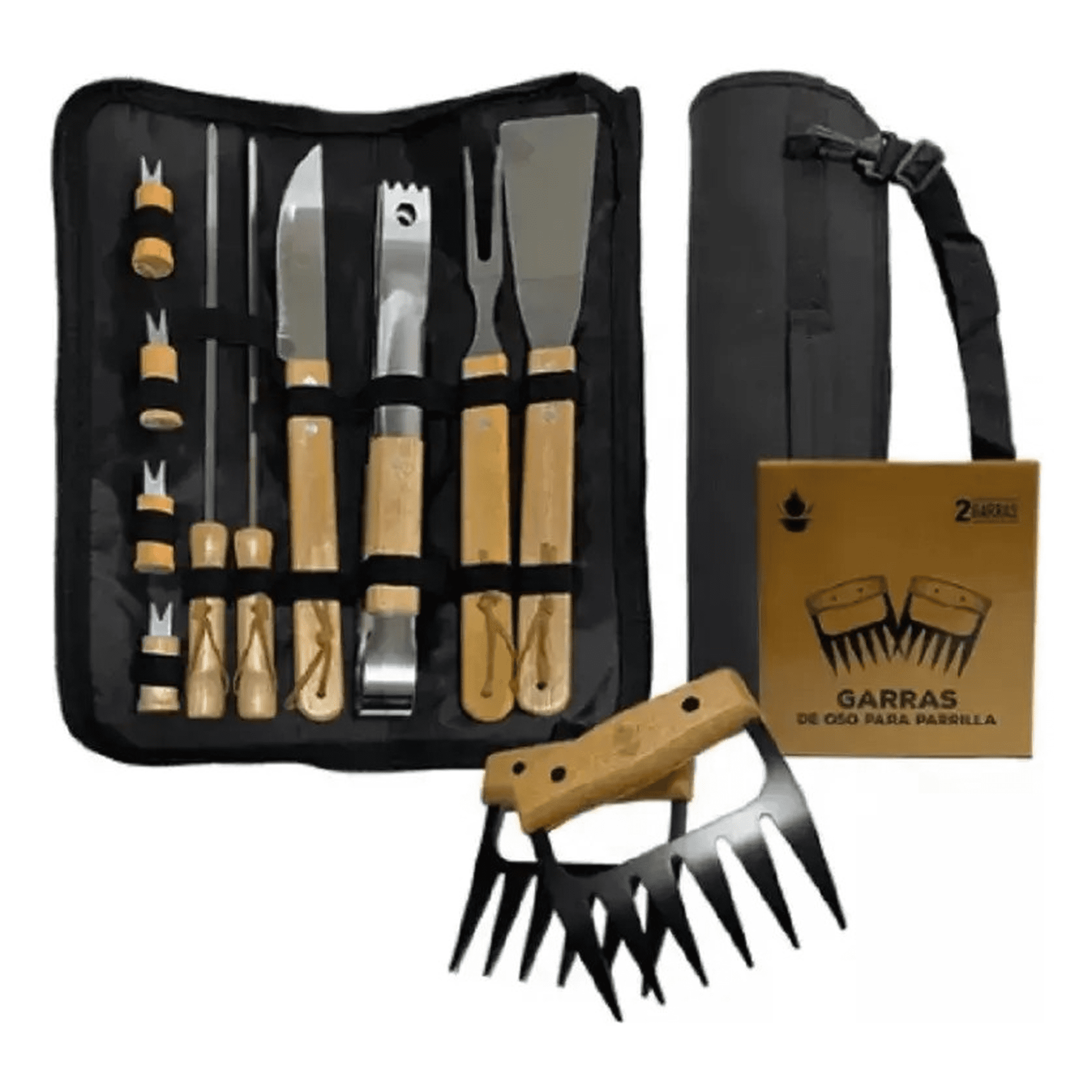 Genérico - Pack Set Asado Parrilla 10 Uds + 2 Garras De Oso Inox