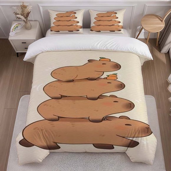 Capybara Stacking Theme Bedding Set Duvet Cover and Pillowcase Set