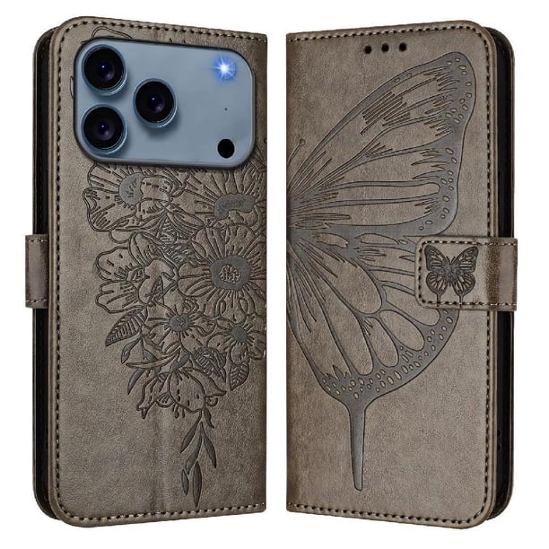Funda cartera mariposa para iPhone 17 Pro con soporte y ranuras para tarjetas Gris