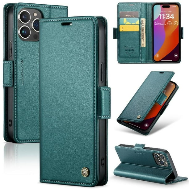 CaseMe tipo cartera iPhone 15 Pro con cierre magnético, RFID, tarjetero, soporte, carga inalámbrica