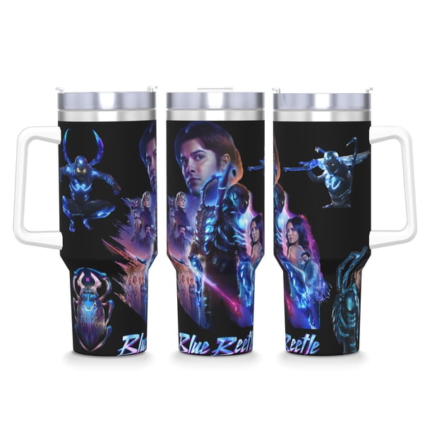 Blue Beetle Vaso aislado de acero inoxidable con asa, diseño temático, regalo para familia, amigos y fans; incluye pajita y encaja en el portavasos estándar, 40 oz