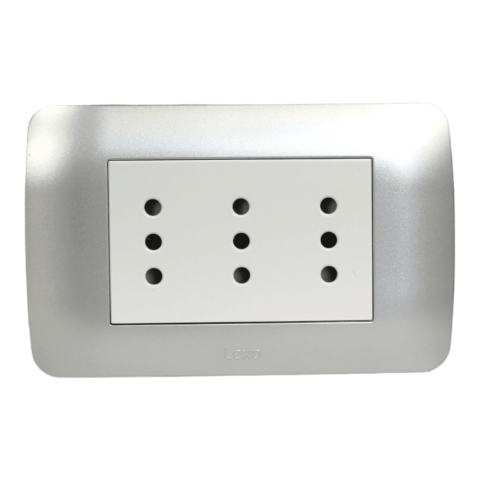 Enchufe Embutido Tríplex 2P+T 10A Blanco / Plata Armado - Lexo