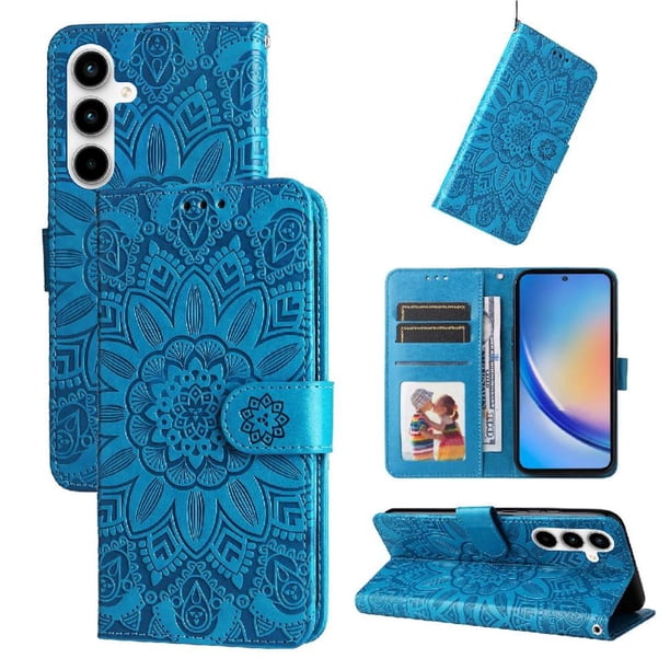 Funda tipo cartera FOXDOCK para Samsung Galaxy A35 , diseño girasol en relieve, cuero PU, cierre magnético, soporte y tarjetero
