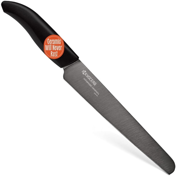 Cuchillo de cerámica avanzada Kyocera Serie Revolución de 7 pulgadas, borde serrado, mango negro, hoja negra