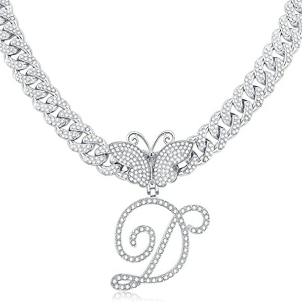 Stylish Hip Hop Cuban Butterfly Necklace with White Letter Initials