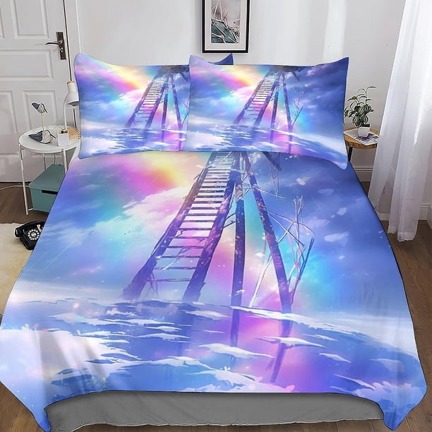 Juego de funda nórdica Rainbow Stairs de microfibra colorida, funda de edredón con estampado 3D y juego de 3 fundas de almohada para niños y adultos.