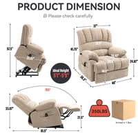 M&Ms - 23"" Seat Width And High Back Large Size Beige Chenille Power Lift Recliner Chair With 8-Point Vibration Massage And Lumbar Heating