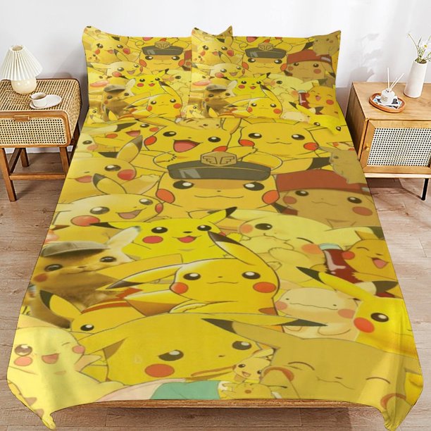 Pi-ka-chu Bed Duvet Cover Microfiber Bedding Sets 3D Printed Lightweight 3 Piece Comforter Sets for Kids Boys Girls