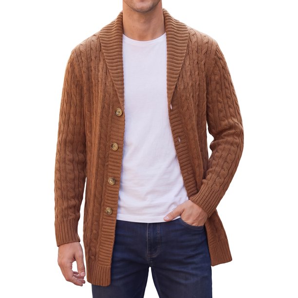 Cárdigan de punto largo con botones y cuello chal delgado para hombre M Marrón