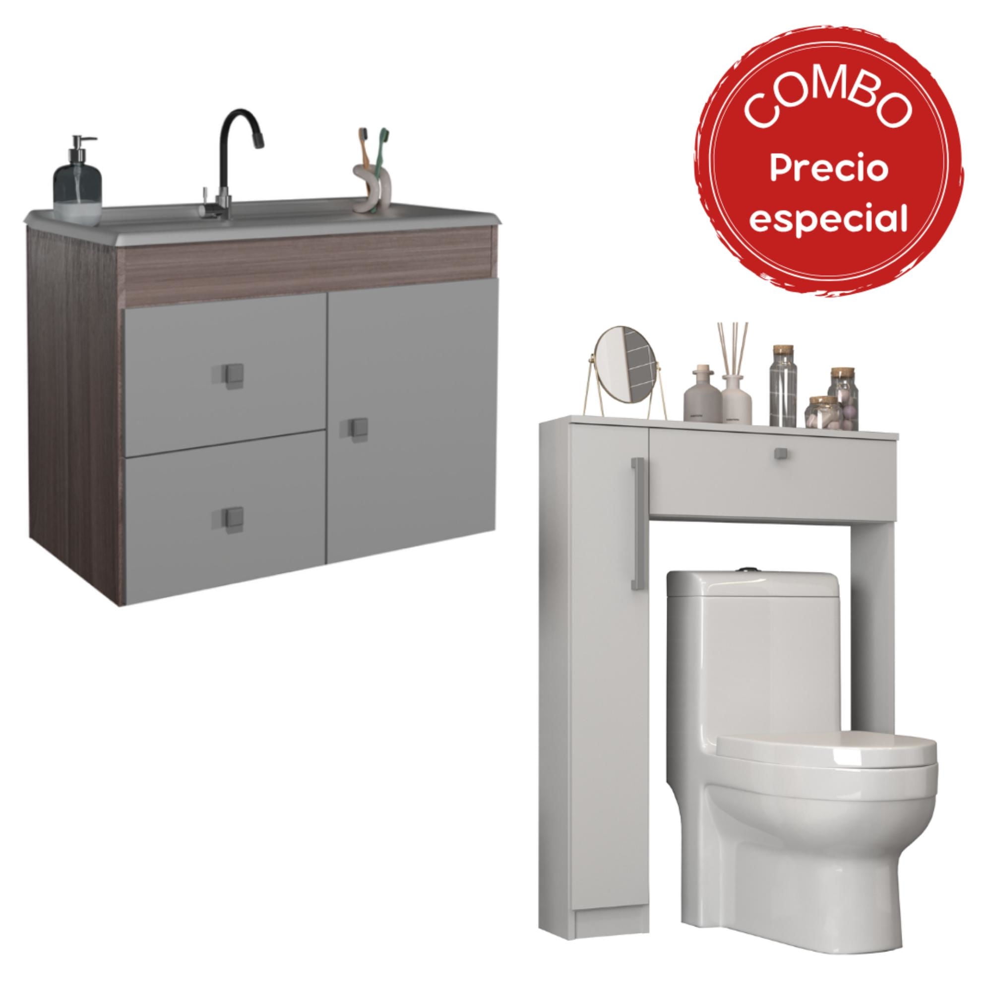 Mobilfrank - Mueble Organizador 1 Puerta 2 Cajones + Organizador De Baño Wc 9007Sb-9006B Café Smoke - Blanco
