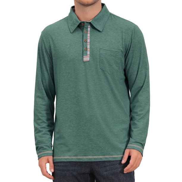Camisas Polo de Manga Larga con Bolsillo y Botones de Contraste para Hombre, L Verde