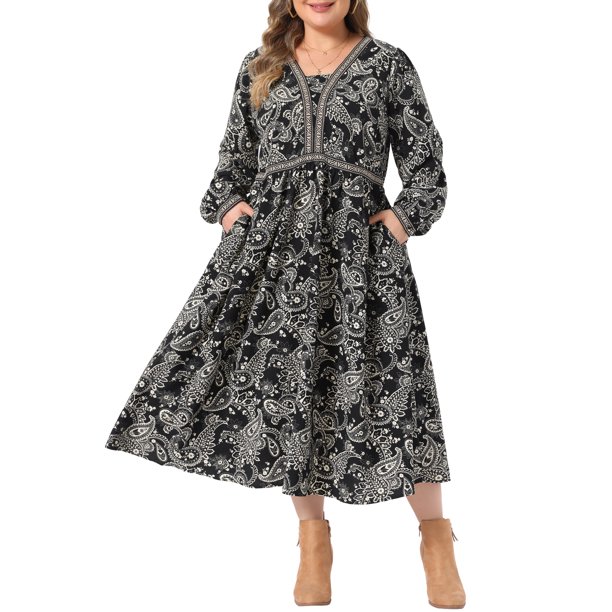 Vestido Agnes Orinda para Mujer Talla Grande con Estampado Floral Boho, Cinta Geométrica en la Cintura, Cuello en V, Manga Larga, Estilo Casual Flowy A Line con Bolsillo 2X Negro
