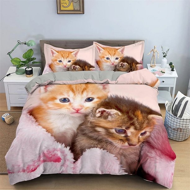 x512 Bed SheetsCat Colorful Bedding Set Pet Cats for Kids Boys Girls Teens Cute Kitten Duvet Cover Animal Gift Room Decoration with Zipper 3-Piece Bedding Set (1 Duvet Cover + 2 Pillow Shams) nj512