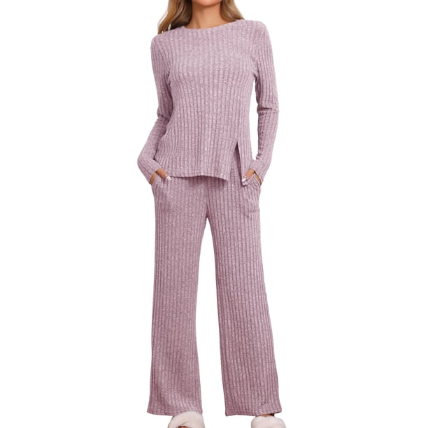 INSPIRE CHIC Conjunto de Pijamas para Mujer Cuello Redondo Manga Larga Ropa de Dormir Suave Pijamas Ropa de Casa con Bolsillo L Púrpura