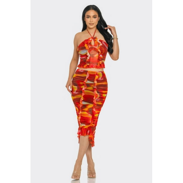 Saronite Conjunto de Top y Falda con Cuello Halter, Volantes y Malla de Encaje con Estampado de Aguas Tropicales, Naranja (para Mujer)