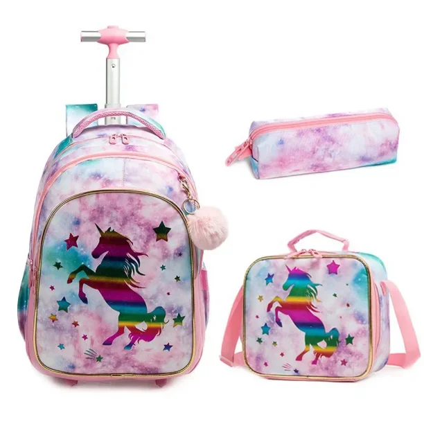 Children's Rolling Backpack Set Wheeled Schoolbag Kids Backpack with Insulated Lunch Bag and Pencil Case for Boys and Girls