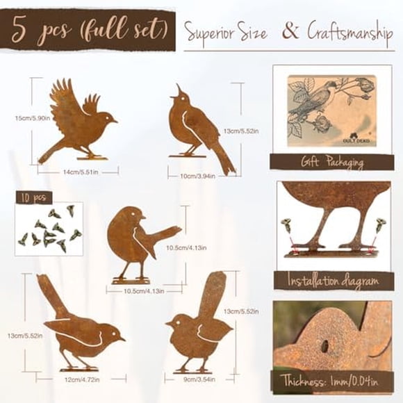 Decoración Pájaros Metal Set 5 Pcs Jardín Oxidado